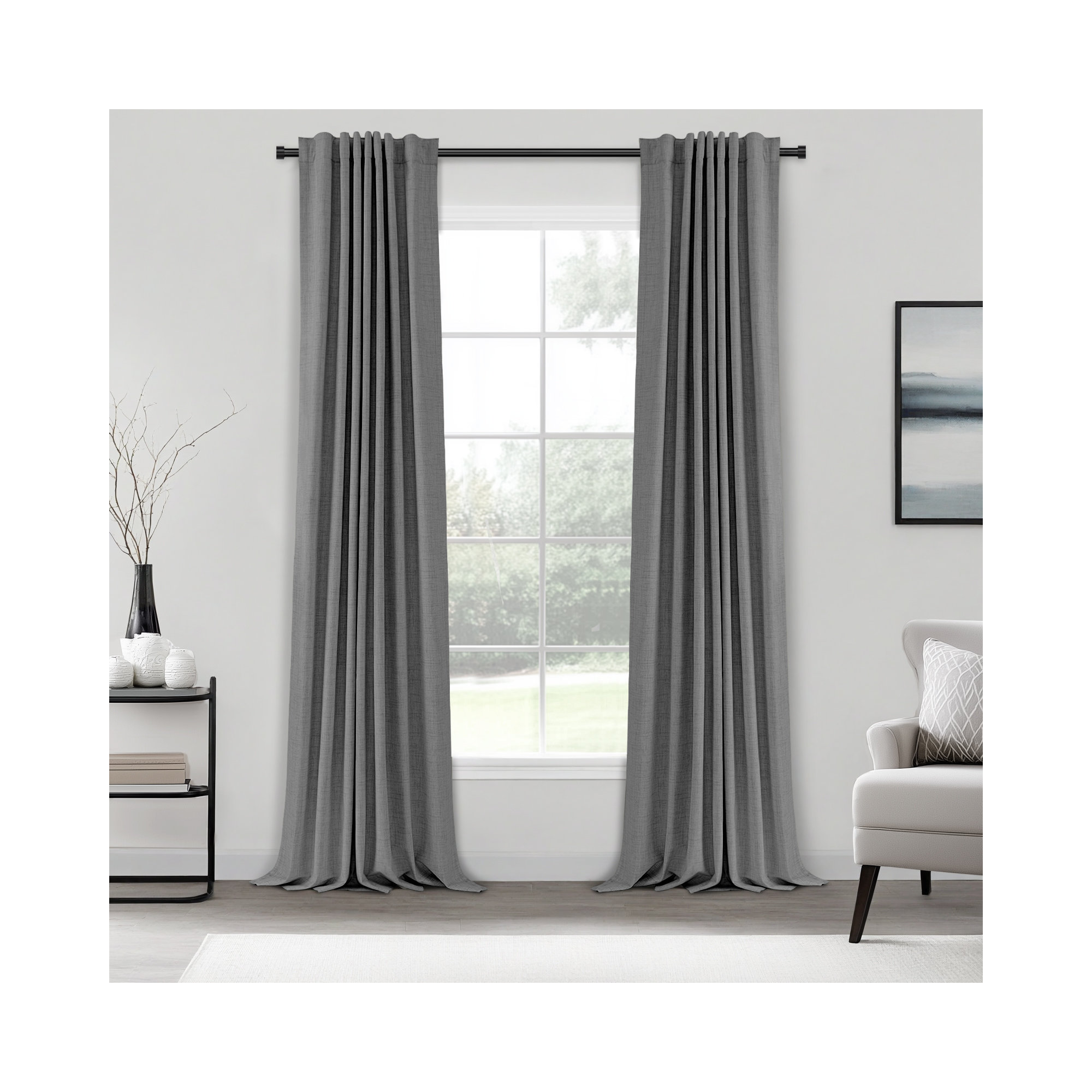 Graciella Thermal Insulated Faux Linen Textured 100% Blackout Curtains for Bedroom Living Room Back Tab/Rod Pocket, Dark Gray