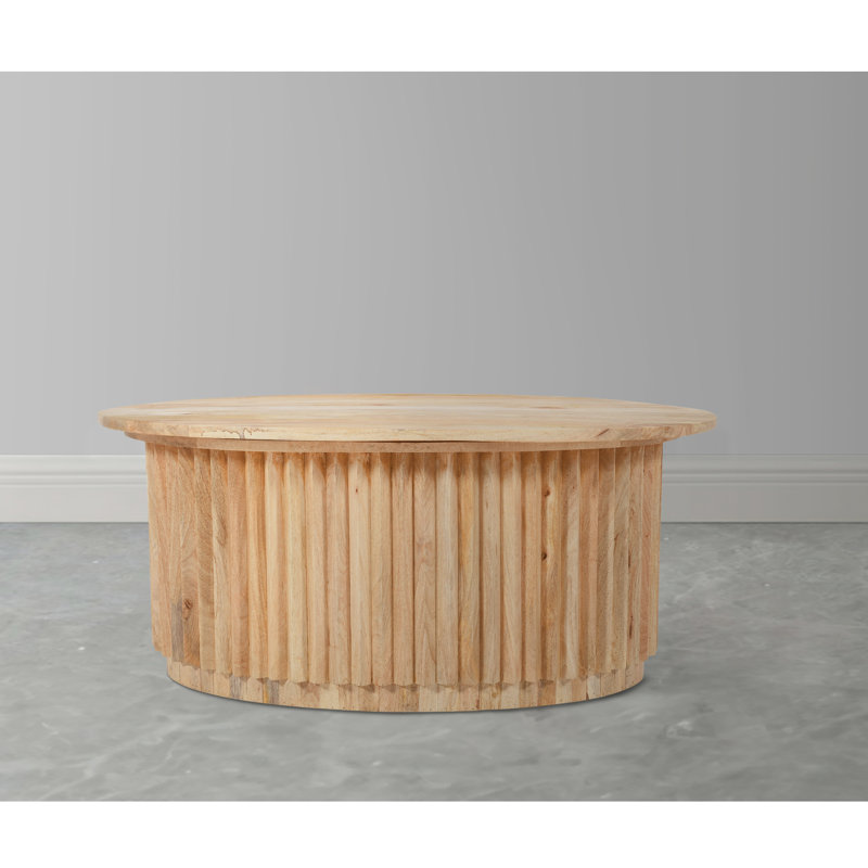 Muna Coffee Table, 36 Inch Oval Top, Handcrafted Mango Wood, Reeded Base With Hidden Storage, Natural Brown