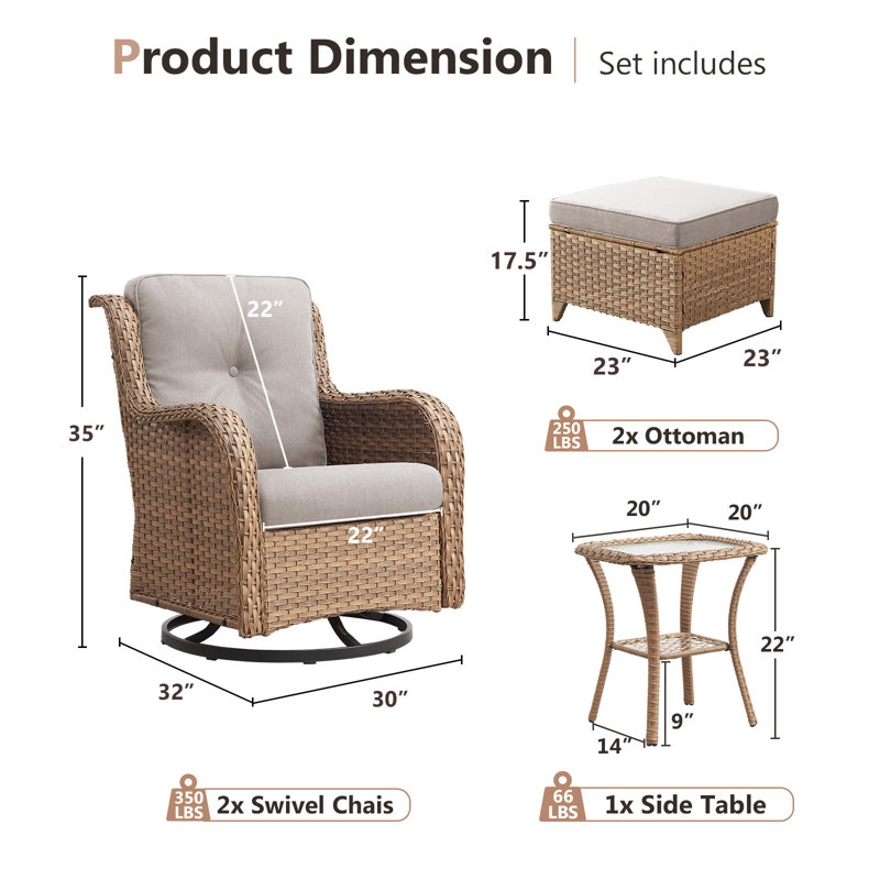 Carolina 5-Piece Wicker Outdoor Swivel Glide Chair With Olefin Cushions