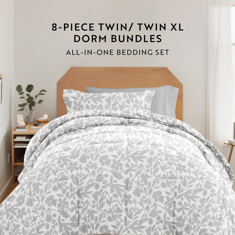 8-PC College Dorm Twin XL Bedding Bundle - Comforter Set, Sheet Set, Pillows and Laundry Bag, Abstract Garden Light Gray