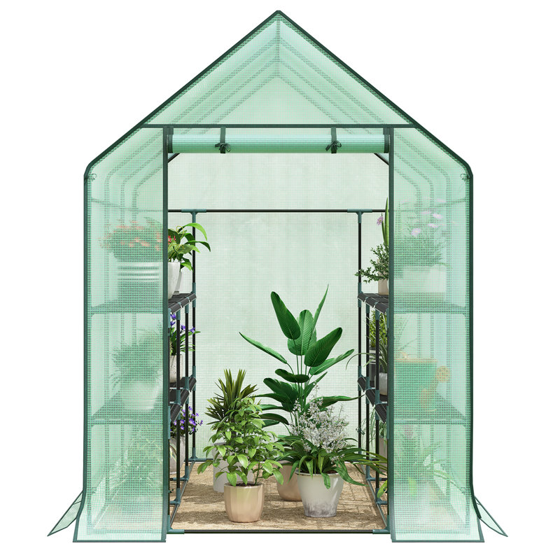 Garden Greenhouse Walk In Plastic Tomato Greenhouse Vegetable Fruit Flower Plant Shed with Reinforced PE Cover 195cm, Green