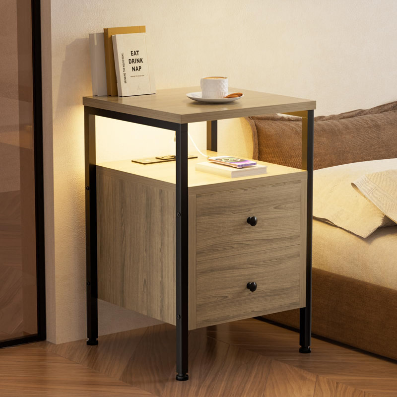 Nightstand with Charging Station 2 Drawer Wood Night Stand Bed Side End Table Brown & Gray Zariyan, Rustic Gray