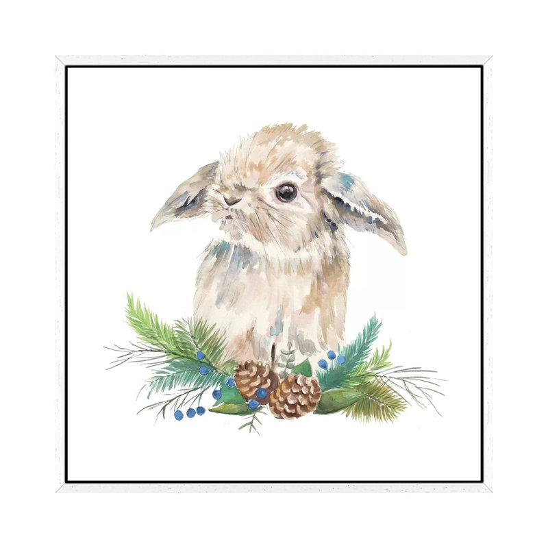 Floppy Eared Bunny On Greenery - Painting on Canvas, White Framed, 93.98 cm H x 93.98 cm W