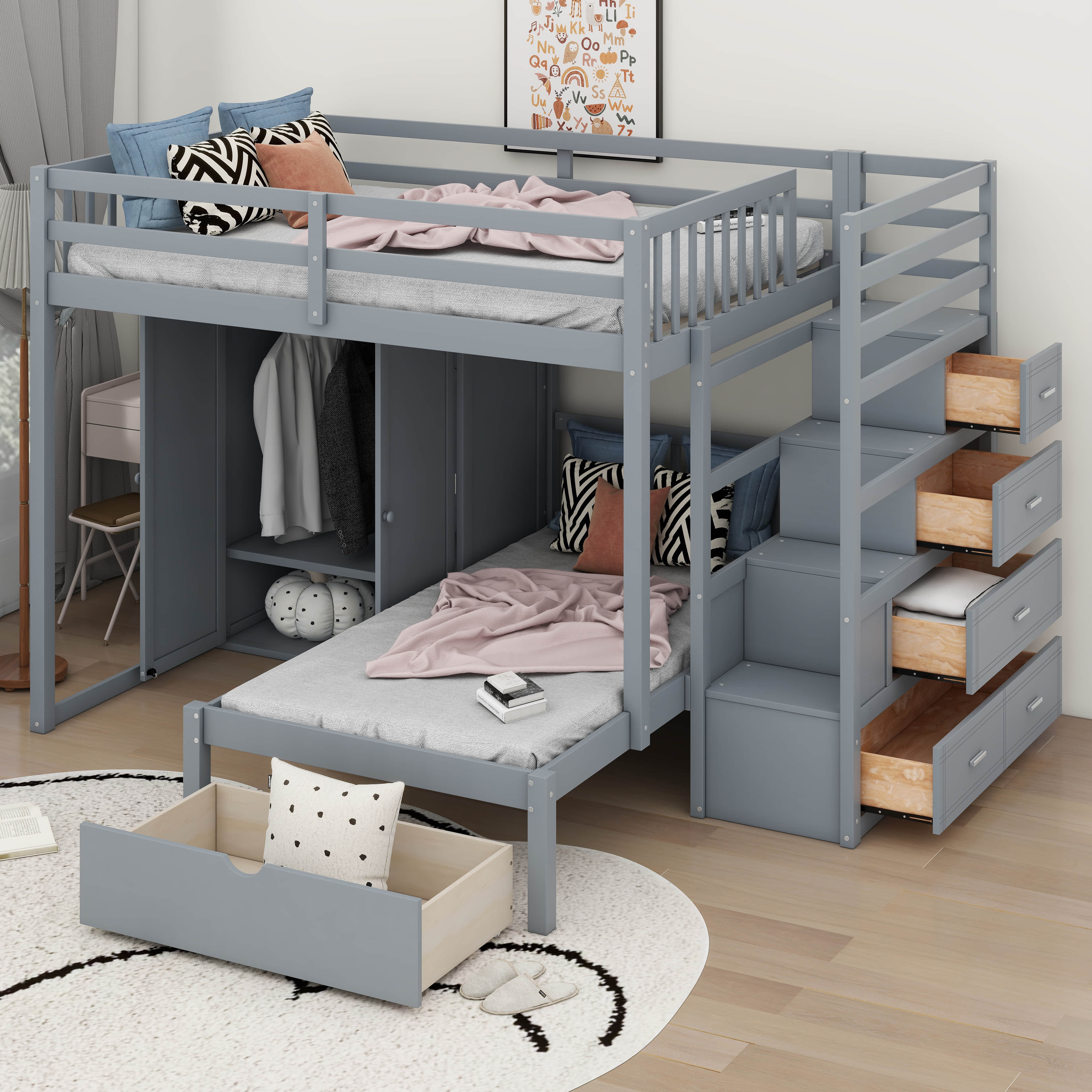Harriet Bee Full Over Twin Bunk Bed With Wardrobe, Drawers - Wayfair Canada