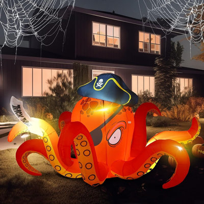 Giant Orange Pirate Octopus Halloween Inflatable with LED Lights, Blow-Up Outdoor Decoration for Lawn, Garden, Yard, Patio, Indoor Parties and Halloween Events