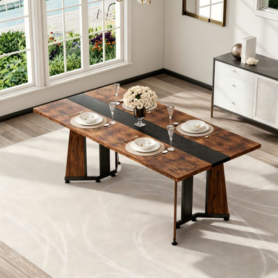70.9" Rectangular Rustic Brown & Black Dining Table, 8-Person MDF Steel Table with Adjustable Legs for Kitchen Living Room Office