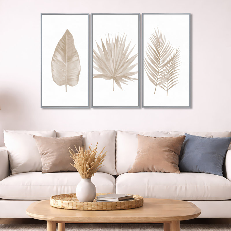 Tropical Leaf Canvas Wall Art Set, Beige Botanical Decor Print - Tropical Beiges Leaves, 32" H x 48" W, Silver