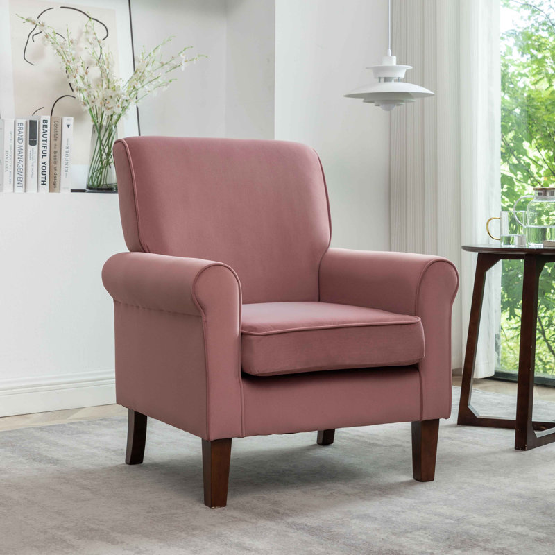 Fauteuil à accoudoirs roulés traditionnel, structure en bois de bouleau massif avec pieds fuselés bruns, chaise rembourrée en mélange de polyester avec siège rembourré de mousse pour le bureau du salon