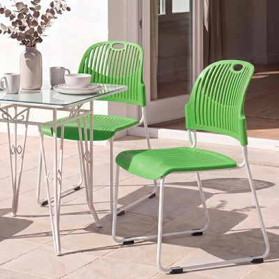 Fully Assembled Plastic Armless Stackable Patio Dining Chairs Set of 2, Stacking Chairs With Metal Frame, Balcony Side Chairs for Indoor & Outdoor Use