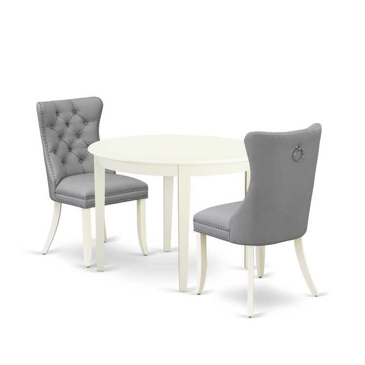 3-Piece Linen White Finish Round Solid Wood Top Dining Table Set, Light Gray