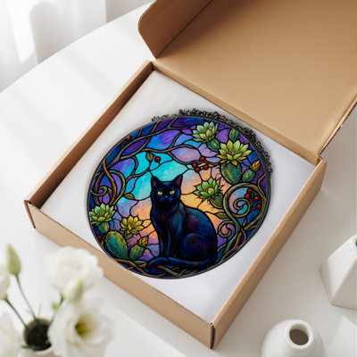 12"H Black Cat Stained Glass Window Panel