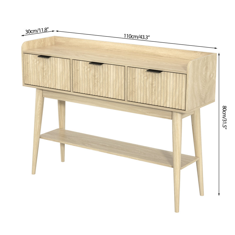 Fluted Console Table With 3 Drawers And Open Storage Shelf, Console Sofa Table For Living Room, Natural