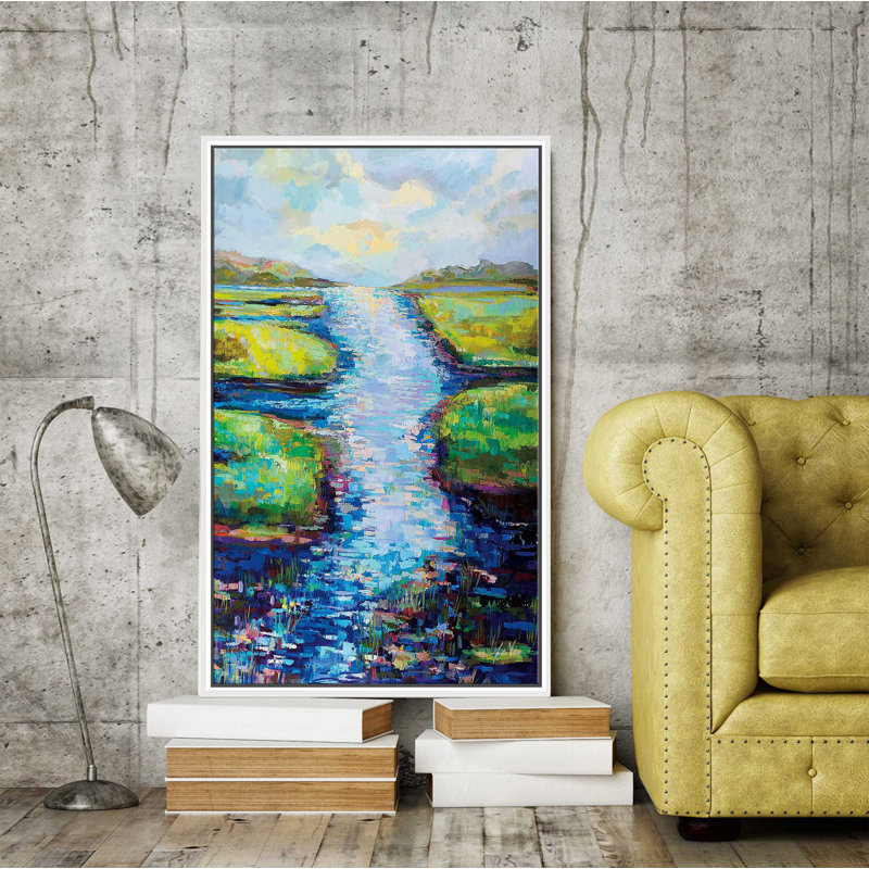 «Summer Solstice» par Jeanette Vertentes - Peinture, H 63,5 po x l 39,5 po x P 2 po, Cadre flottant blanc