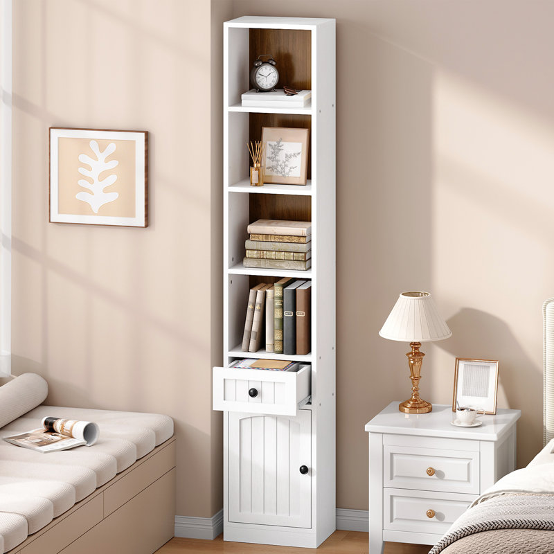 4-tier Open Shelf With 1 Drawer And 1 Cabinet, Freestanding Narrow Bookcase