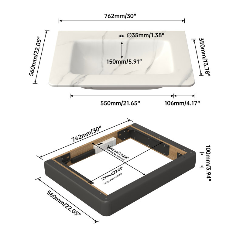 Meuble-lavabo encastré mural 30 po avec capteur de lumière - aspect marbre blanc