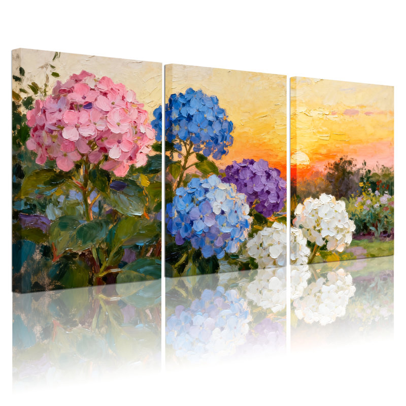 Ensemble de 3 tableaux muraux sur toile à motifs floraux d'hortensias, pour salon, chambre à coucher et décoration intérieure.