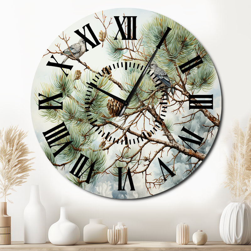 Horloge murale oiseau sur pin I, Surdimensionné
