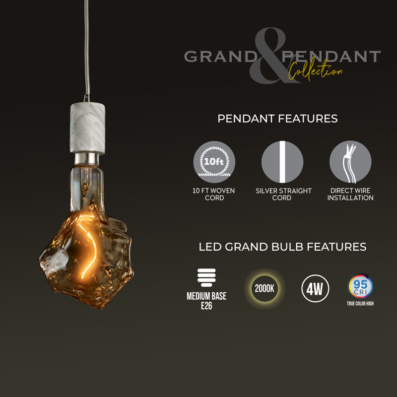LED Arkin 4 Watt Antique Glass 13" Glacier Shaped Bulb and Pendant Kit, White Marble