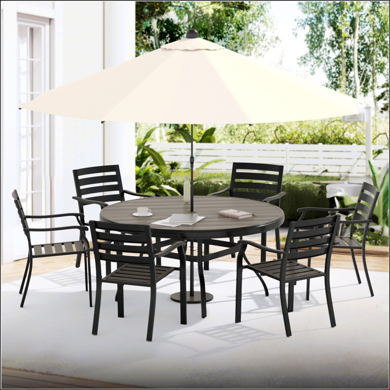 Table de salle à manger ronde pour l'extérieur durable pour 6 à 7 personnes, avec trou pour parasol et finition grès élégante