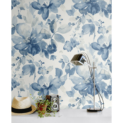 Alexaundrea Seaglass Watercolor Flower 18' L x 20.5" W Peel and Stick Wallpaper Roll