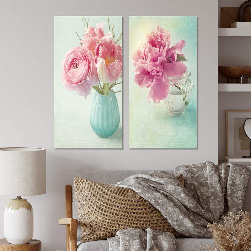 Fleurs de pivoines roses dans un vase - Ensemble de 2 peintures sur toiles, Toile tendue, H 20 po x l 24 po x P 1 po