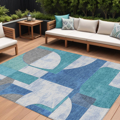 Tapis bleu sarcelle et ivoire lavable d'intérieur et d'extérieur 8 pi x 10 pi Fabre