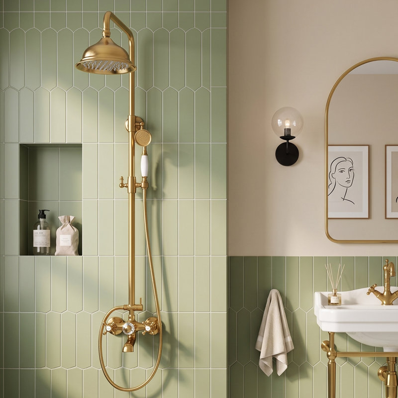 Système de douche mural vintage à hauteur réglable en laiton massif sans plomb avec douchette et bec de baignoire, Doré