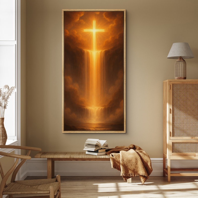 «Glowing Cross Light Waterfall Heavenly», art mural vertical sur toile encadrée, Naturel, H 60 po x l 30 po