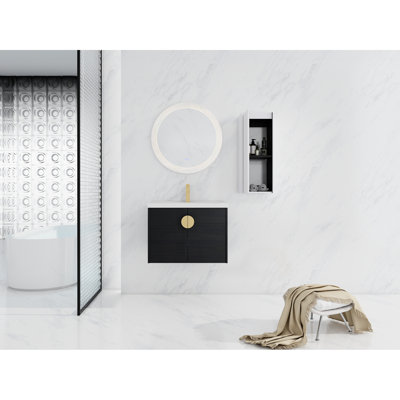 Bathroom Vanity With Ceramic Sink And Side Shelf - Black Chestnut, Modern Configuration Piece 28" Cabinet Gear