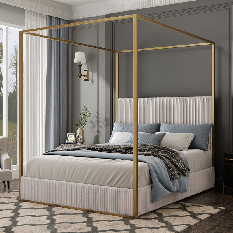 Modern Luxury Metal Canopy Bed with Tall Upholstered Headboard and Four Poster, No Box Spring Needed, Beige/Gold, King