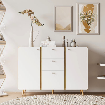 White Sideboard Buffet Cabinet For Living Room. 3 Drawers & 2 Doors. Adjustable Shelves, 48.63" X 15.61" 34.73", 81 Lbs Storage With For Dining Room, Hallway. White, 80.44 Lb