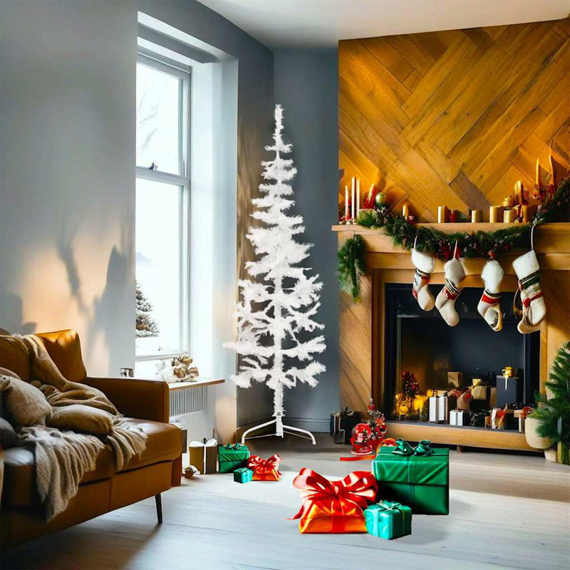 Moitié de sapin de Noël artificiel avec support, 70,9 po x 19,3 po, Blanc