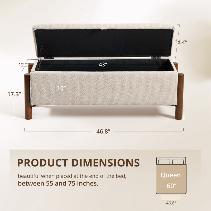 Bancs avec repose-pieds de rangement moderne de 47 po avec pieds en bois de noyer, Beige