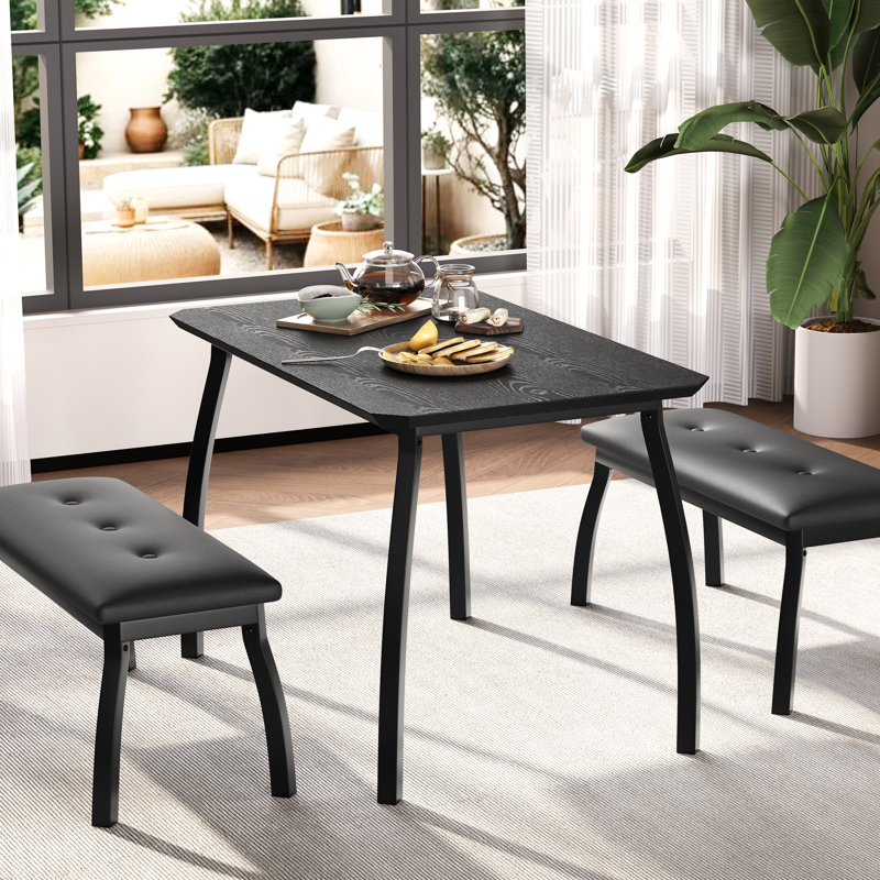 Modern Industrial 3-Piece Dining Table Set with 2 Benches for 4, Space-Saving, Black
