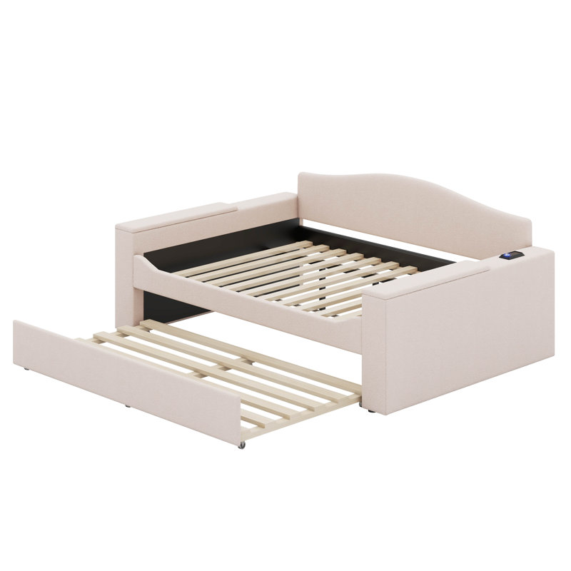 Full / Double Upholstered Daybed with Storage Armrests, Trundle and Latest Integrated Bluetooth Audio System, Beige