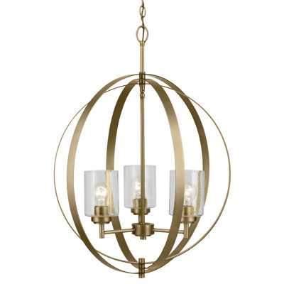 Lustre globe en laiton naturel à 3 lumières Winslow avec abat-jour en verre bullé transparent
