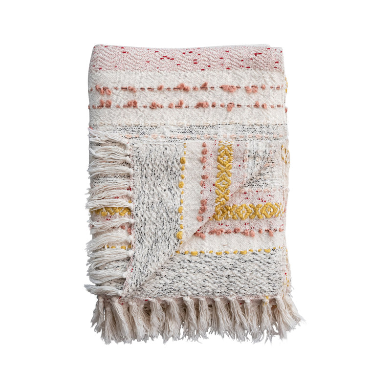Multicolor Woven Cotton Striped and Embroidered Throw Blanket with Fringe