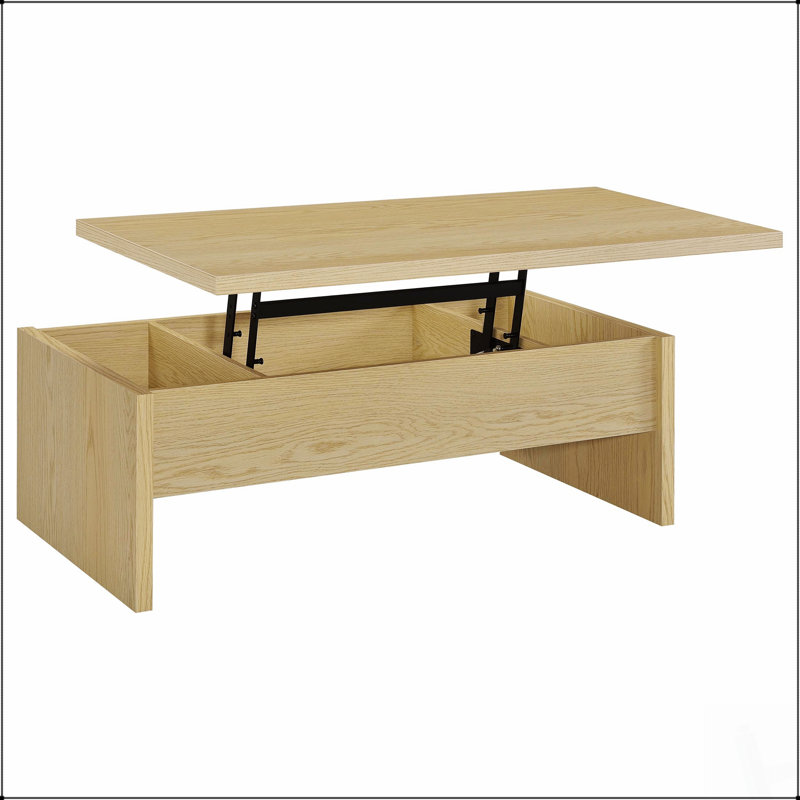 Table basse sophistiquée en chêne clair avec mécanisme relevable et rangement dissimulé pour les salons modernes
