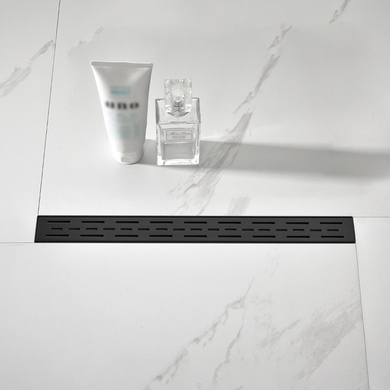 28 Inches Linear Shower Drain With Removable Bar Pattern Grate,Linear Drain With Hair Strainer And Leveling Feet,Stainless Steel,Matte Black