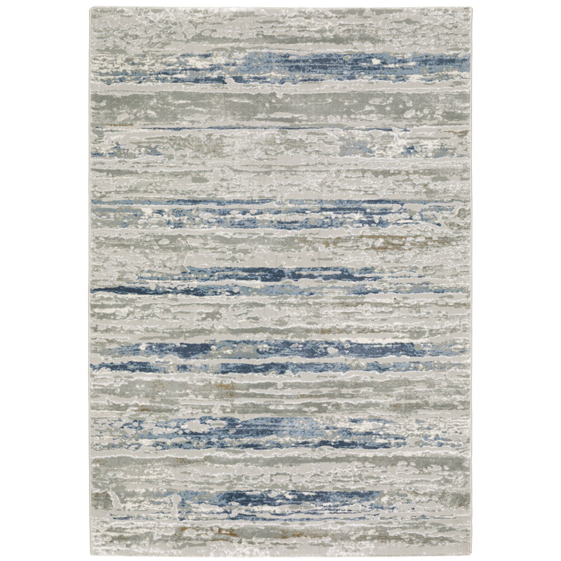 Tapis bleu et gris à rayures abstraites tissé à la machine, Rectangle 7 pi 10 po x 10 pi 10 po