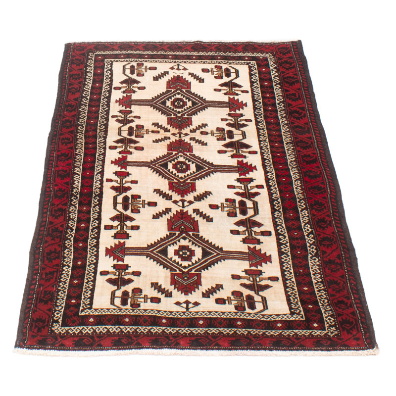 Tapis crème / rouge en laine noué à la main de conception unique 2000 pi 3 pi 7 po x 5 pi 7 po Chunn
