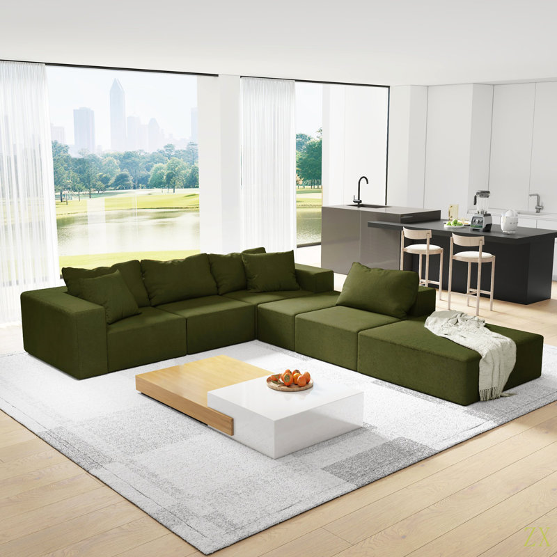Ensemble de canapé modulaire rembourré moderne, canapé modulaire en forme de L de 132 po avec 6 oreillers, Chenille verte