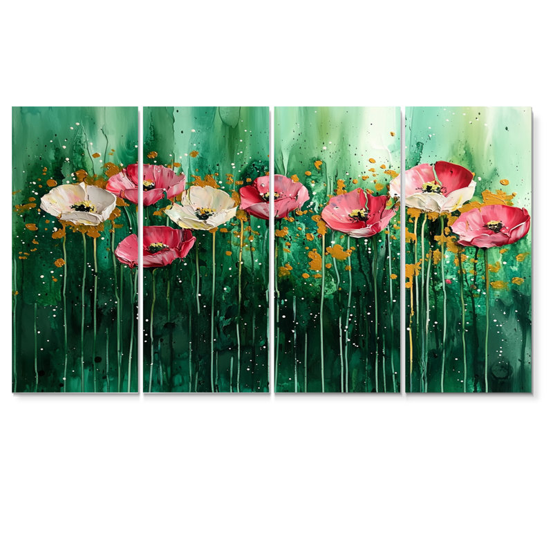 Emerald Dance of the Poppies II - Art mural - Ensemble de décoration murale, H 32 po x l 64 po, 4