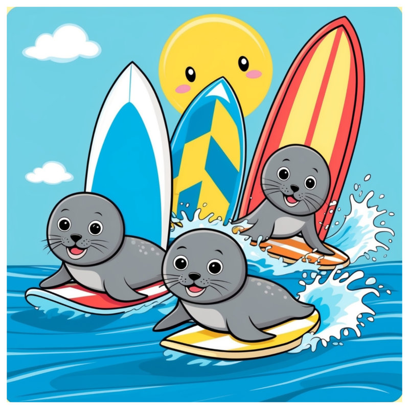 Seals Surfing Illustration Quilted Bedspread All Sizes, Queen