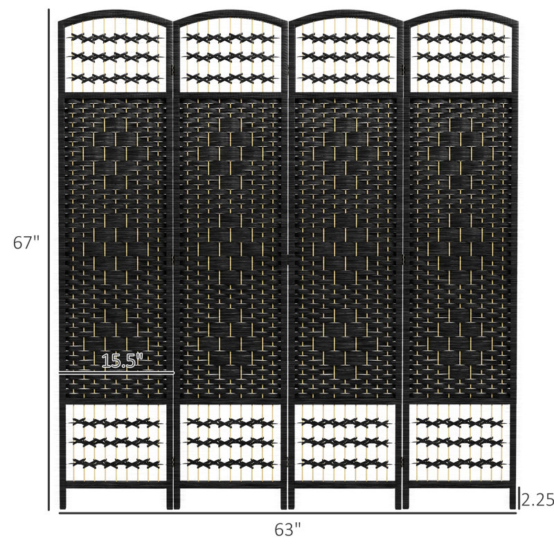 Paravent pliant, paravent à 4 panneaux, cloison en fibre Black Wave de 5,6 pi, tissé à la main pour la chambre à coucher, le salon et la zone de sécurité
