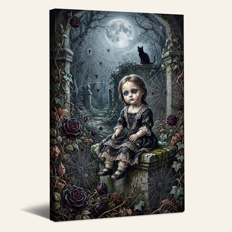 «Creepy Doll in Dark Garden with Spiders and Roses», art mural sur toile, 18"H x 12"W