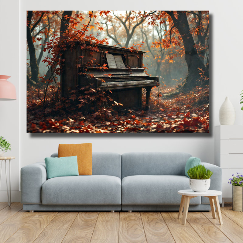«Piano in Fall Forest», art mural en verre trempé, 20" H x 30" W
