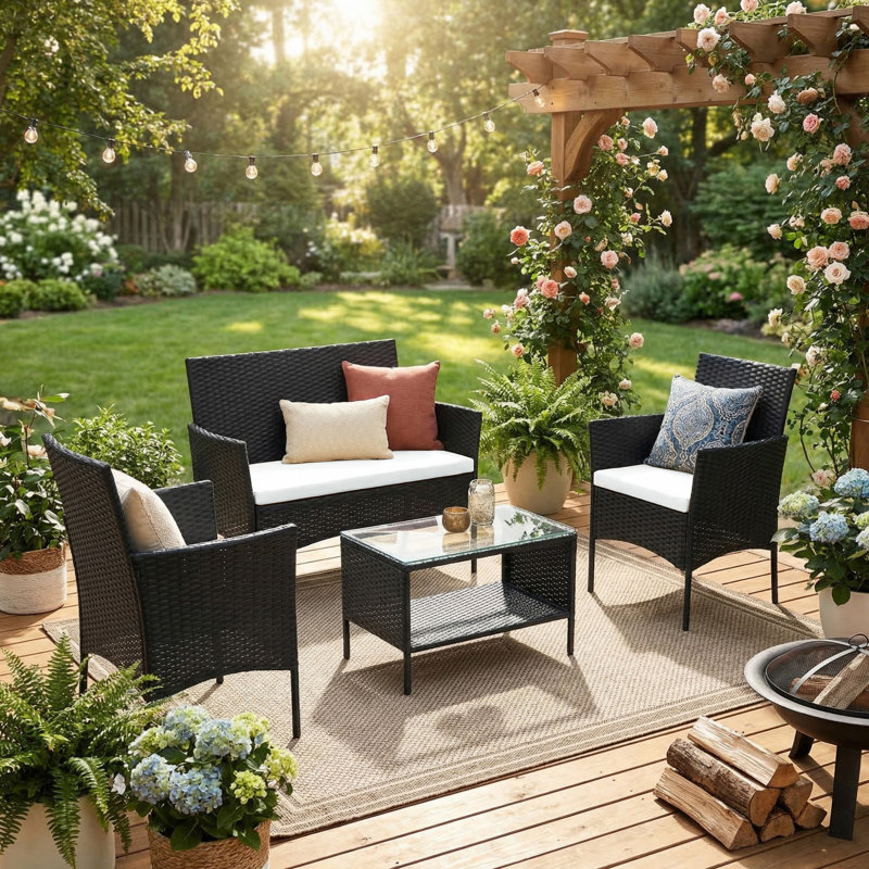 4-Pieces All Weather PE Wicker Sofa Set, Patio Conversation Set with Removable Cushion for Garden and Backyard, Beige