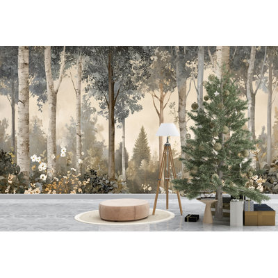 Birch Forest Wallpaper Mural – Elegant Trees & Flowers, Neutral Tones, Nature Wall Decor, Scandinavian Forest Wallpaper, Botanical Landscape Mural
