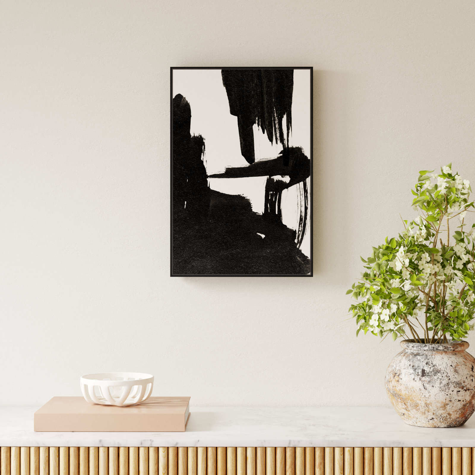 Abstract Black and White Brush Stroke Print, Black, 25" H x 17" W